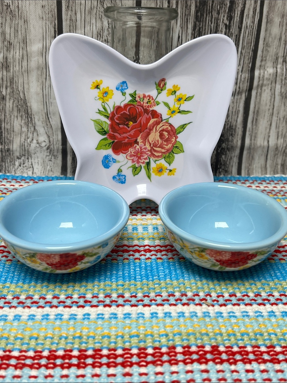 Pioneer Woman set of mini Dipping bowls and butterfly spoon rest-Sweet Rose